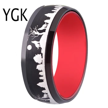 YGK пръстен годежни пръстени за жени anillos пръстен мъжки, 8 мм черен Волфрам Червен алуминий с надпис вълци в гората пръстен