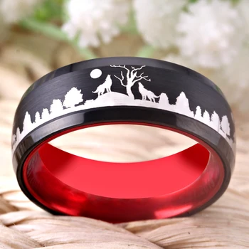 YGK пръстен годежни пръстени за жени anillos пръстен мъжки, 8 мм черен Волфрам Червен алуминий с надпис вълци в гората пръстен