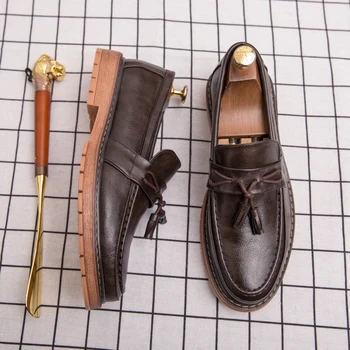 Мъжки Обувки Ежедневни Марка Кожени Обувки С Четка Мокасини Мода Бизнес Тоалети Обувки Свободно Време За Разходка Обувки С Платформа, Мокасини Homme