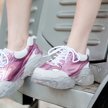 Естествена Кожа, Прозрачни Обувки На Платформа За Жени Лазерни Цветни Дебели Долни Ежедневни Обувки Жена Сребристо Розови Triple S Треньори