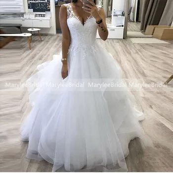 V-образно деколте Принцеса бална рокля сватбена рокля с много нива тюл пола, бяла персонализирате рокля на булката vestido de noiva зимни сватбени рокли