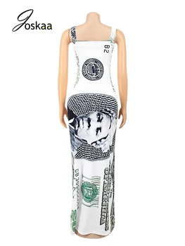 Joskaa Dollar Print Spaghetti Strap Maxi Dresses High Street Секси Skinny Office Lady Outfit Long Dress 2021 Women Casual Vestido