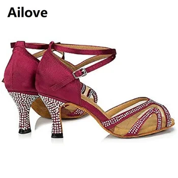 Кристали бални танци, обувки за жени Латино Салса, бачата изпълнение танцови обувки мека замшевая подметка 4 см-8,5 см токчета ALS003