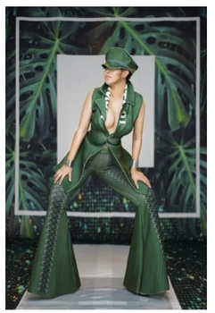 Army Green Sexy 3 Pieces Set Women Singer Dance Outfits Festival Costume Европейски Стил Нощен Клуб Сценична Облекло (Шапка+Капаци+Панталони)
