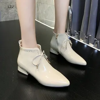 LZJ 2019 нов прием на модни обувки Дамски ботуши кожени лакирани ботильоны заострени ботуши на нисък ток дамски секси обувки