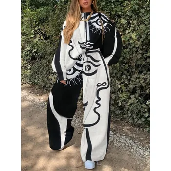 2 бр. комплекти африкански комплекти за жени за-образно деколте, черен и бял печат еластичен hoody + чрез шнурове спортни панталони плетене ежедневни костюми