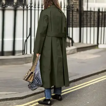 Модни дамски есенни дълги якета ZANZEA елегантен ревера на шията тренч свободни твърди подпоясанные палто градинска ежедневни Отворена предна горна дреха