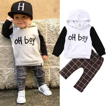 2 елемента новородено Бебе комплект дрехи Oh Boy с дълъг ръкав с качулка hoody блузи панталони дрешки бебето Бебешки дрехи набор от 0-4Y