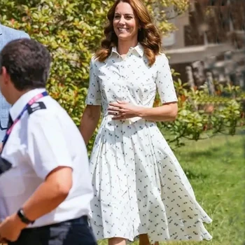 Kate Middleton Fashion 2021 Women Summer New Елегантни Ежедневни Party Gentlewoman Short Sleeve Lapel Shirt Dress