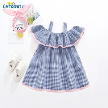 LONSANT 2019 New Summer Dress Toddler Kids Baby Момичета Нова Birthday Clothes Blue Plaid Off-shoulder Ruffles Party Dresses N30