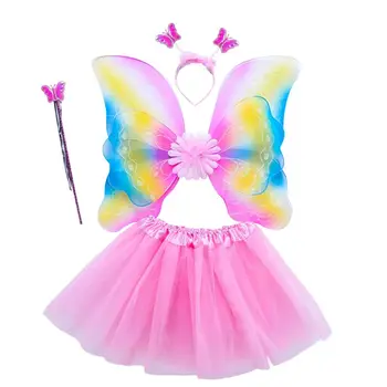 4шт момичета Фея костюм набор от Rainbow крила на пеперуда три слоя тюл пакетче пола пръчка лента за глава Принцеса Хелоуин парти 3-8Т