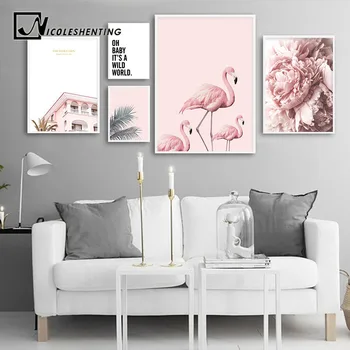 Nordic Flamingo Flower Wall Art Платно Плакат Розово Минималистичен Принт Живопис Скандинавски Украса Модел Интериор Дневна