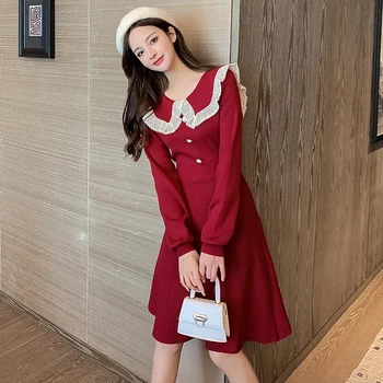 COIGARSAM плетене на Женски пълномаслено рокля корейски нови рокли червен черен благоговение 6175