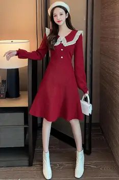 COIGARSAM плетене на Женски пълномаслено рокля корейски нови рокли червен черен благоговение 6175