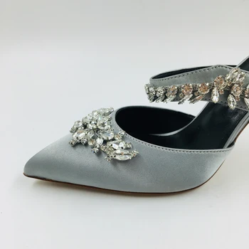Индивидуални Остри пръсти сатен плат Кристал каишка украса като мулета чехли 9 см високи токчета женски модел обувки