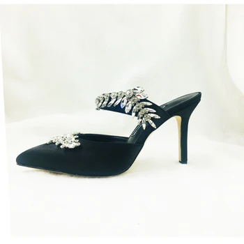Индивидуални Остри пръсти сатен плат Кристал каишка украса като мулета чехли 9 см високи токчета женски модел обувки