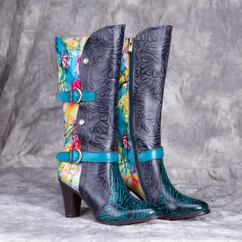 Johnature 2020 нови зимни ботуши на висок ток от естествена кожа, с остър нос Zip Дамски обувки, ръчно рисувани шевни свободно време ботуши платформа