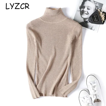LYZCR зима дамски скок пуловер, бял дебел дълъг ръкав, поло блузи за жени възли дамски топли пуловери тънък