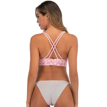 Biquini 2020 Секси Swimwear Women Bikini Set Print Cross Straps Push-Up Low-Waist Split Swimsuit 2 Бр. Плажни Дрехи, Бански