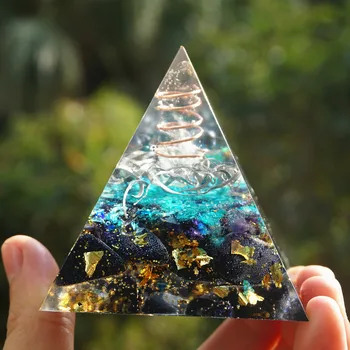 Ръчно изработени Orgonite пирамида 60 мм crystal бял стълб в меден кръг със син състои от ЕЛЕКТРОМАГНИТНИ защита на енергията на оргона