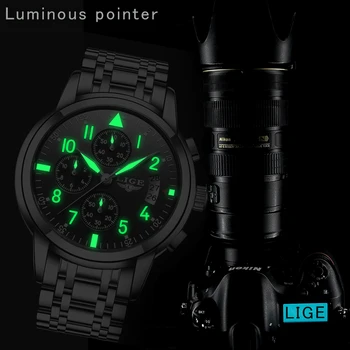 LIGE часовник мъжки часовник Спортен хронограф военни кварцов часовник Водоустойчив луксозни ръчен часовник от неръждаема стомана Relogio Masculino
