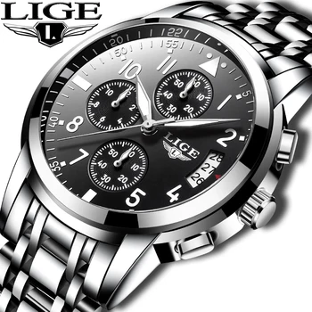 LIGE часовник мъжки часовник Спортен хронограф военни кварцов часовник Водоустойчив луксозни ръчен часовник от неръждаема стомана Relogio Masculino