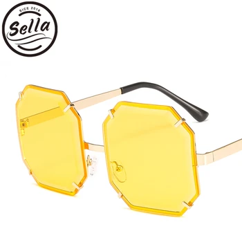 Sella Марка Дизайнер Fashion Women Извънгабаритни Квадратни Слънчеви Очила Ocean Color Octagon Red Yellow Lens Rimless Sun Glasses Shade