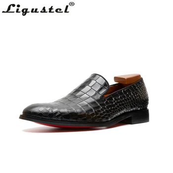 Ръчно изработени от крокодилска кожа обувки мъжете рокля обувки Червено дъното мокасини обувки за мъже с високо качество на кожата луксозни сватбени дизайнер