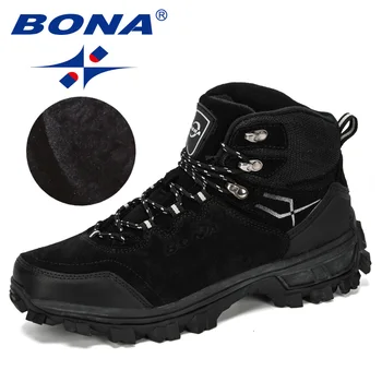 BONA нови дизайнери естествена кожа маратонки, зимни маратонки мъжки Планински човек тактически лов обувки плюшени топли обувки