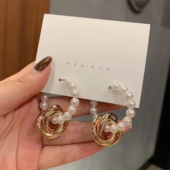 JCYMONG 2019 мода имитация на перли кръг жени сватба падане обеци златни цвят кръгла висулка виси обеци, бижута подарък