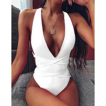 2021 women ' s fit solid / leopard / white / red bikini lace up bow deep V Skin-стегнат без гръб one piece секси bathing suit women