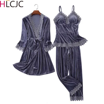 Есен-зима луксозни дамски блузи за почивка Златна кадифе, дантела секси прашка 3 бр пижами ежедневни домашни дрехи пижами за жени