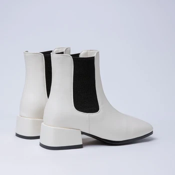 Ботильоны Женски 2020 ново записване изкуствена кожа квадратен чорап черни ботуши на нисък ток дамски есенно-зимни обувки плюс размер 34-43