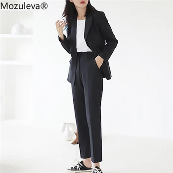 Mozuleva 2020 Vintage Green Women Blazer Костюми Long Sleeve One Button Blazer Pants Office Suit Ladies 2 Piece Blazer Sets Femme
