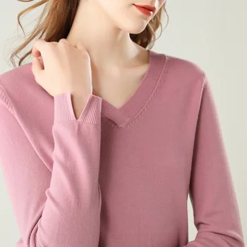 Пуловер женски вълнен нов стил за есента и зимата V-образно деколте женски кратък свободен универсален пуловер вязаный трико с ниска талия