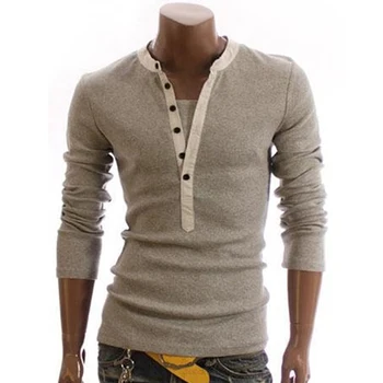 Мъжки t-shirt есен Casusal бутон плюс размер 3XL пуловер с дълъг ръкав, V образно деколте плътен цвят мъжки слаб топ тениски мода