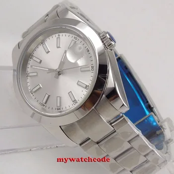 40 мм Bliger стерилна Сребърен циферблат солиден корпус прозорец за дата сапфир кристал автоматично мъжки часовник