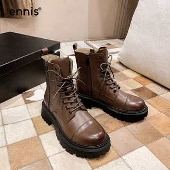 Марка ENNIS Дамски обувки обувки Martin от естествена кожа ботильоны на платформата чрез шнурове на дебелите ток, Обувки с цип есен зима 2020 A36A