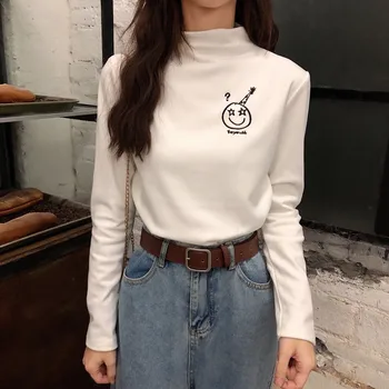 Есен-зима половината turtlenecks жени с дълъг ръкав тениска творческа бродерия High Street Female Slim Fit Секси Дъно риза