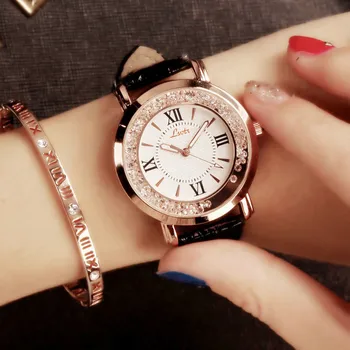 Дамски часовници луксозни римски цифри мода облечи часовници жена 2018 кожа кварцов кристал дамски Ръчни часовници Montres Femme