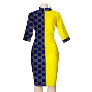 Африканска мода светкавица Труд рокля щанд яка жена Анкара екипировки жълт памук мач восък Половината ръкави лоскутные рокли