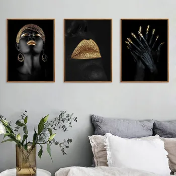 Черни жени платно Живопис африкански жени златни устните на изкуството на стената плакат и щампи стенни картини за декорация на дома хол