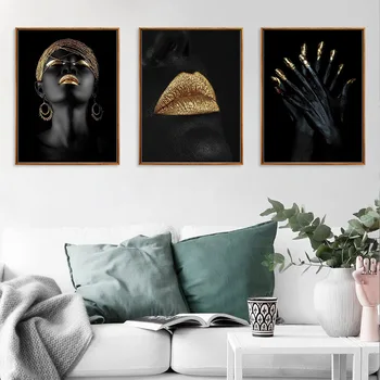 Черни жени платно Живопис африкански жени златни устните на изкуството на стената плакат и щампи стенни картини за декорация на дома хол