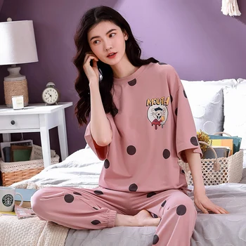 4XL младо момиче пижами, комплекти за почивка облекло пролет тънък с къс ръкав дамски пижами Dot печат пижами прекрасни домашни дрехи