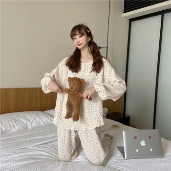 XIFER 2020 есента пижамный набор на корейски стил череша памучни пижами жени приятелски към кожата памук сладко домашни дрехи, пижами костюм за Жените