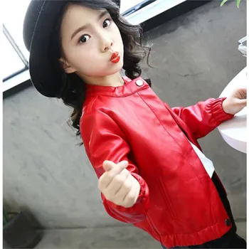 2021 пролет новият корейски ежедневни яке плътен цвят момичета топ сладък обтегач яка мотоциклет кожата детски дрехи червен розов черен