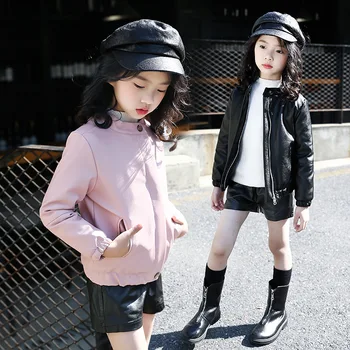 2021 пролет новият корейски ежедневни яке плътен цвят момичета топ сладък обтегач яка мотоциклет кожата детски дрехи червен розов черен