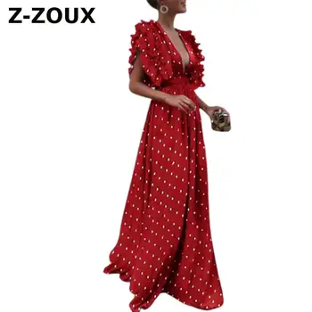 Z-ZOUX Women Dress Dot Print Maxi Dress V образно деколте с къс ръкав, рокли за партита Висока Талия облегалката выдалбливают секси рокля за Лятото на нова