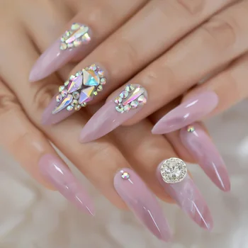 3D луксозни цветни скъпоценни камъни-дълги шипове отгоре нокти накрайници генитални остри шипове фалшиви нокти мрамор розов UV гел натиснете върху ноктите