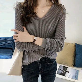 Корейски трикотаж върховете пуловер жените пролет есен черно грей кафе однотонная риза, v-образно деколте пуловер с дълъг ръкав момиче училище ежедневни